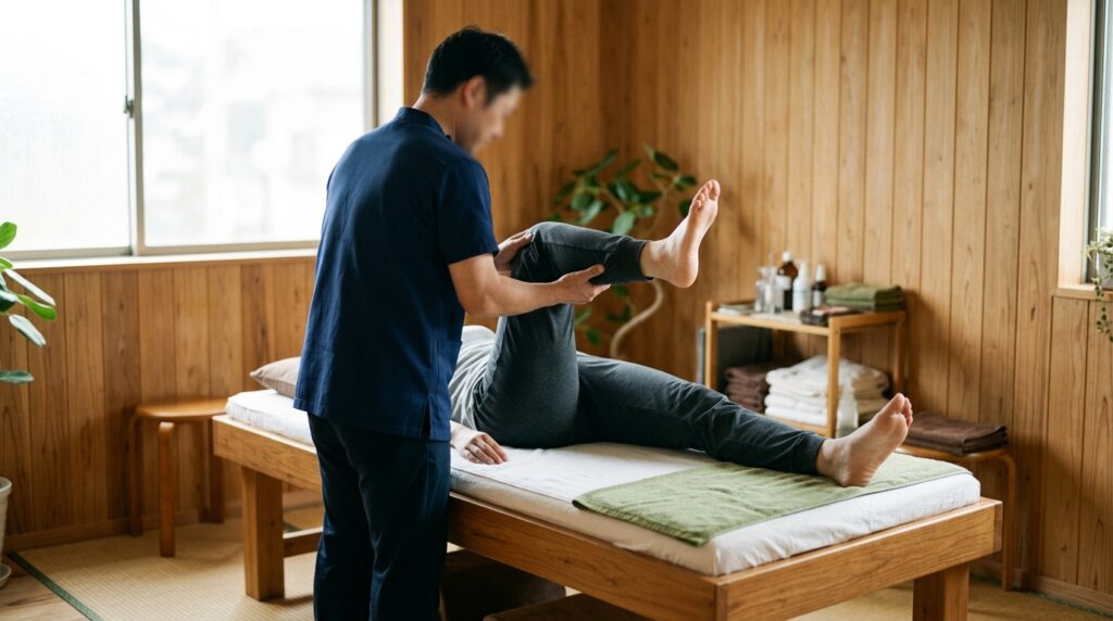 仰向けの患者の脚を上げて可動域を確認しながらストレッチをサポートしている様子